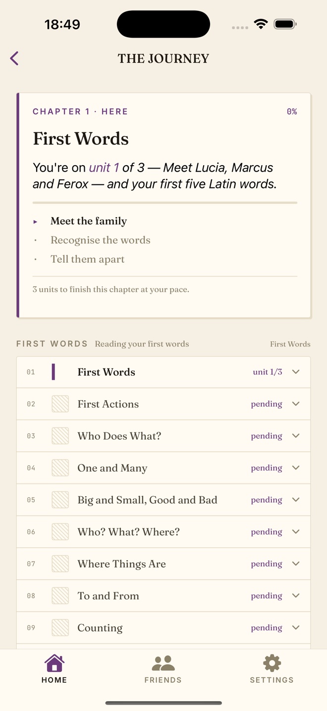 The LatinLearn journey screen showing chapters laid out as a path of steps.