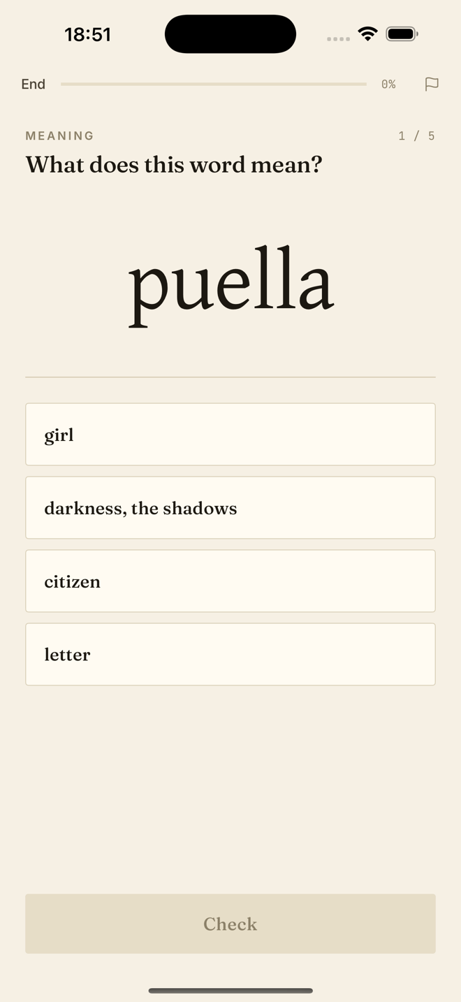 A LatinLearn question asking the learner to choose the meaning of a Latin word.