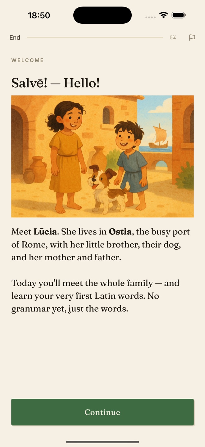 A LatinLearn story screen showing an illustrated scene with a short line of Latin to read.