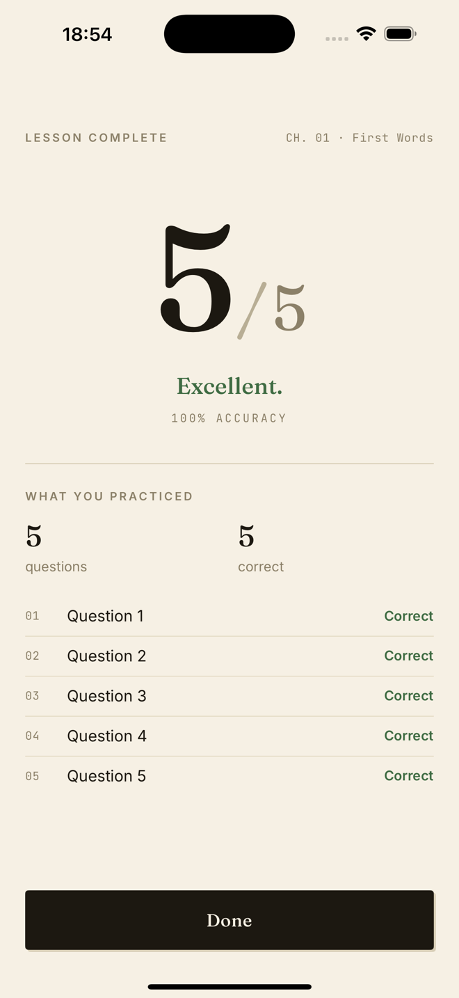 A LatinLearn lesson summary screen showing the learner's results and progress.